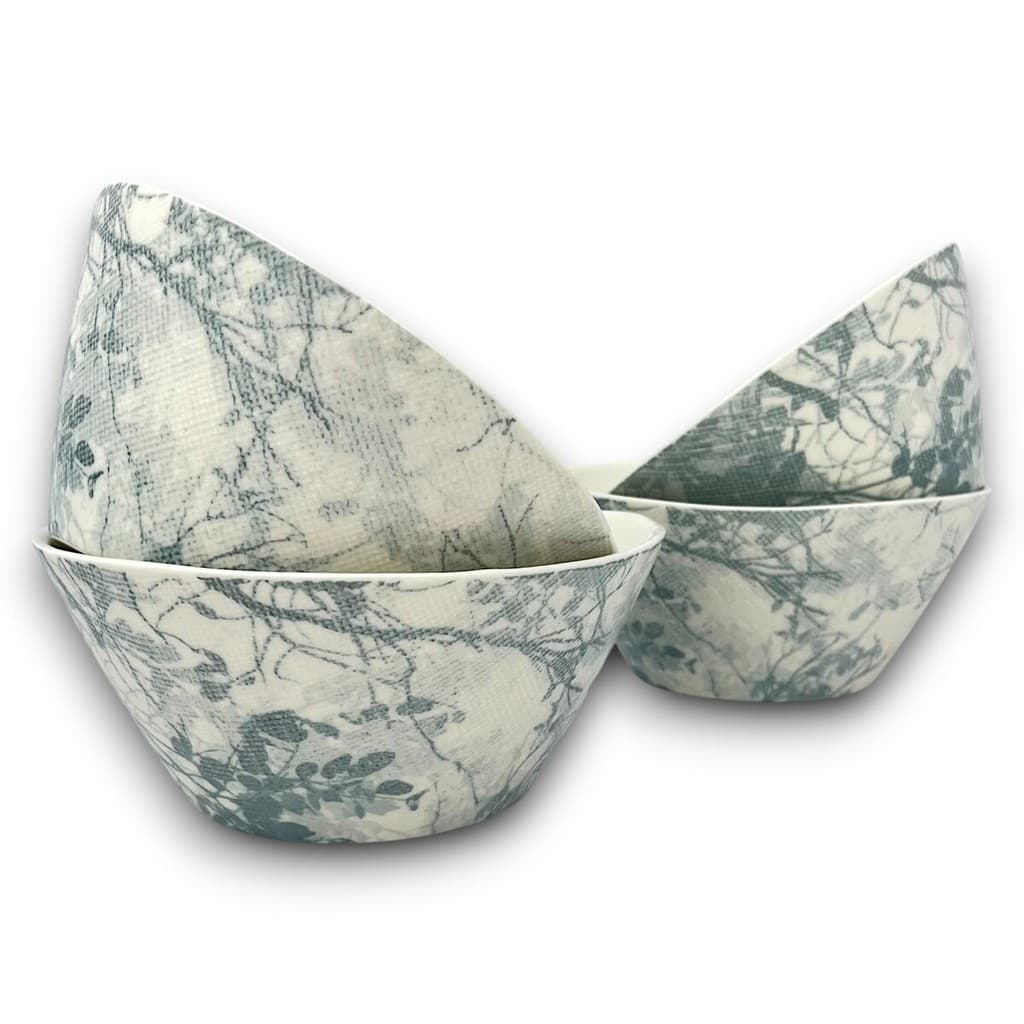 4 Bowl Tigela Cumbuca Cerâmica Folhagem Cinza Azulado Grande