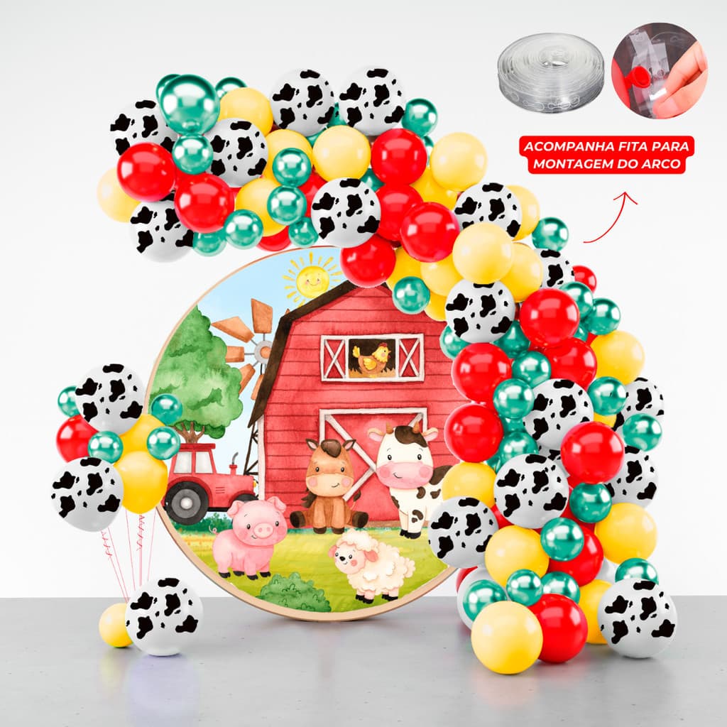 Kit 150 Balões Festa Fazendinha + Fita Arco - Balão Bexiga Liso/Cromado Para Aniversários