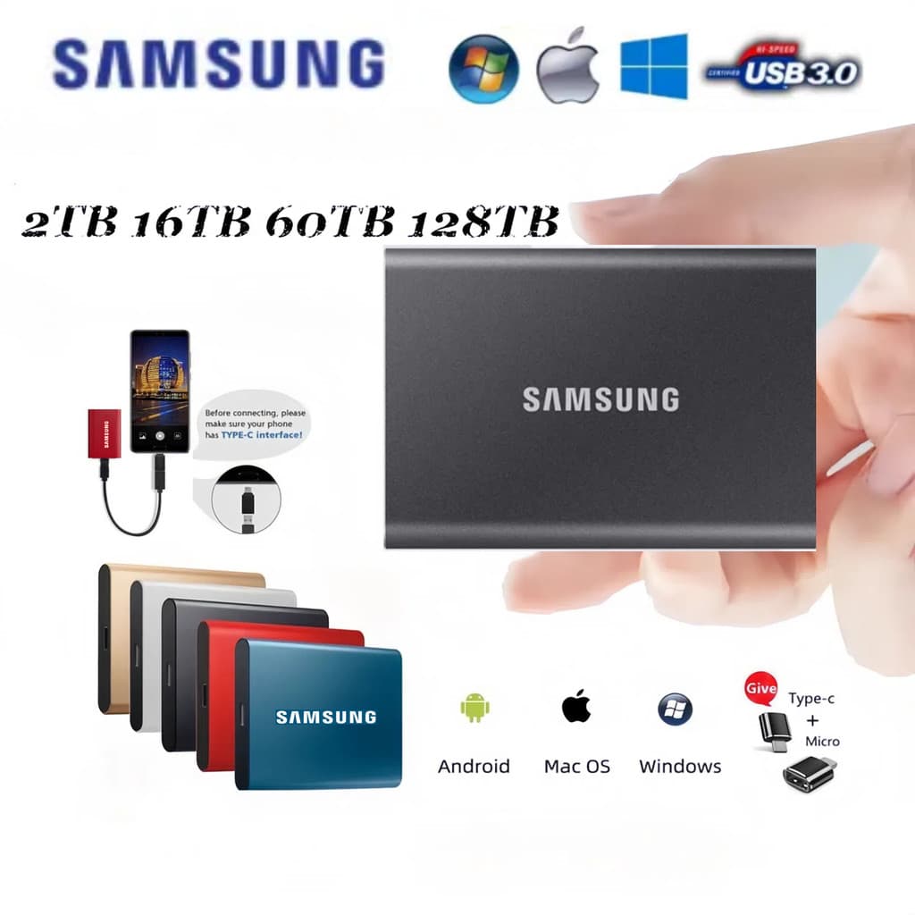 Samsung Externo HD 1TB 2TB SSD 8TB 16TB Disco Rígido Expansão Armazenamento 30TB 60TB 128TB USB3.1 De Alta Velocidade