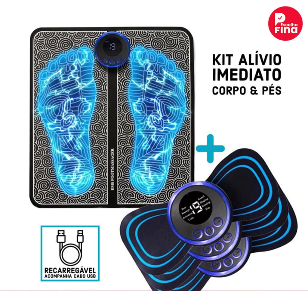 Kit de Tapete e Mini Massageador Elétrico para Alívio de Dores nos Pés e Musculares