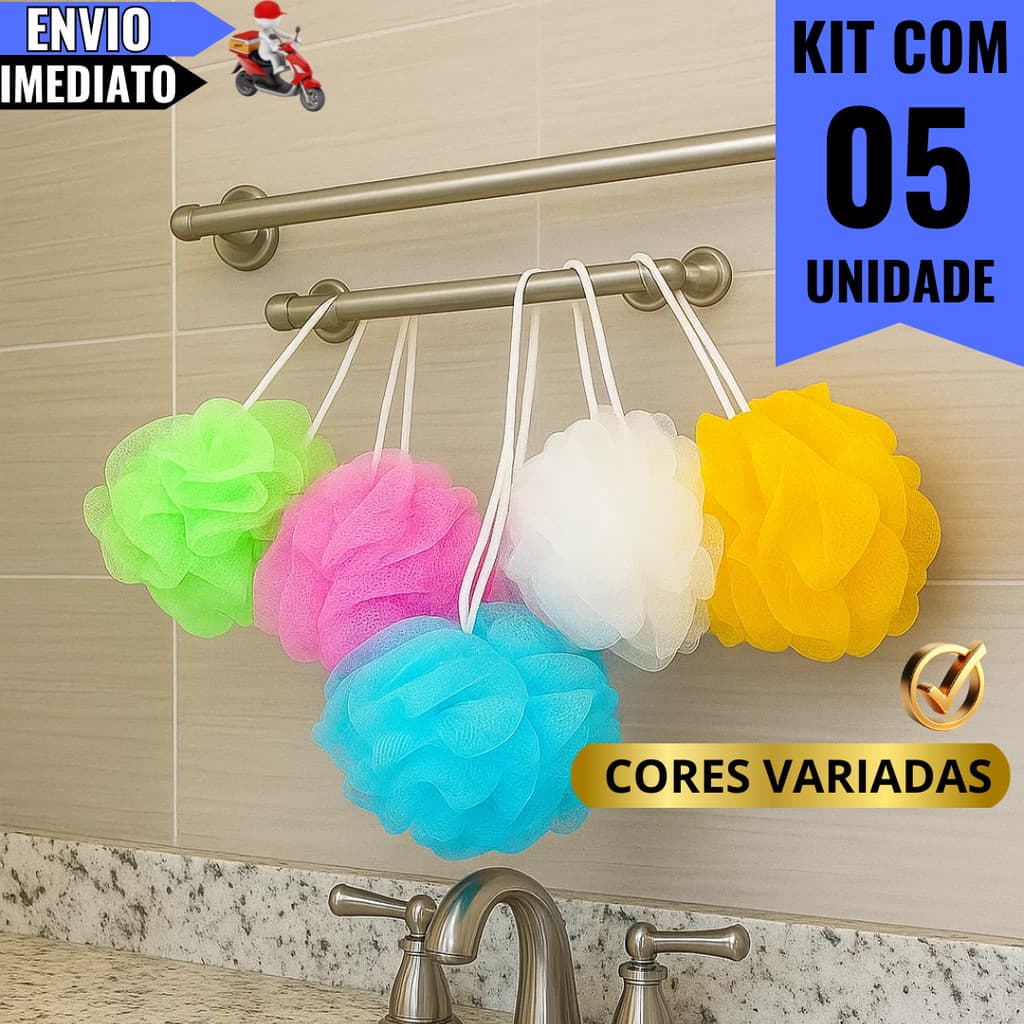 Kit 5 Esponja de Banho Esfoliante Cores Variadas de Nylon Esfoliante Uso Diário