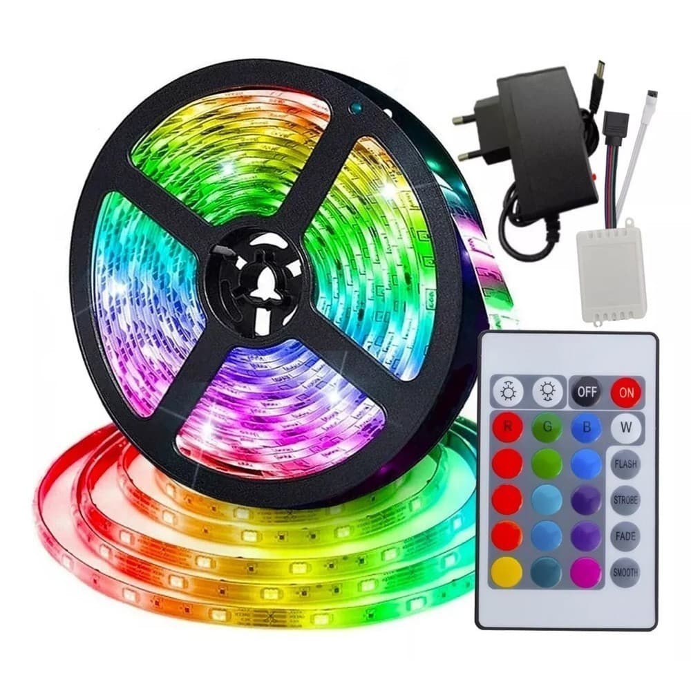 KIT Fita Led Rgb 3528 Colorida 5m + Controle+Fonte 300 Led Decoração Casa Loja Gesso Teto Sanca Vitrine
