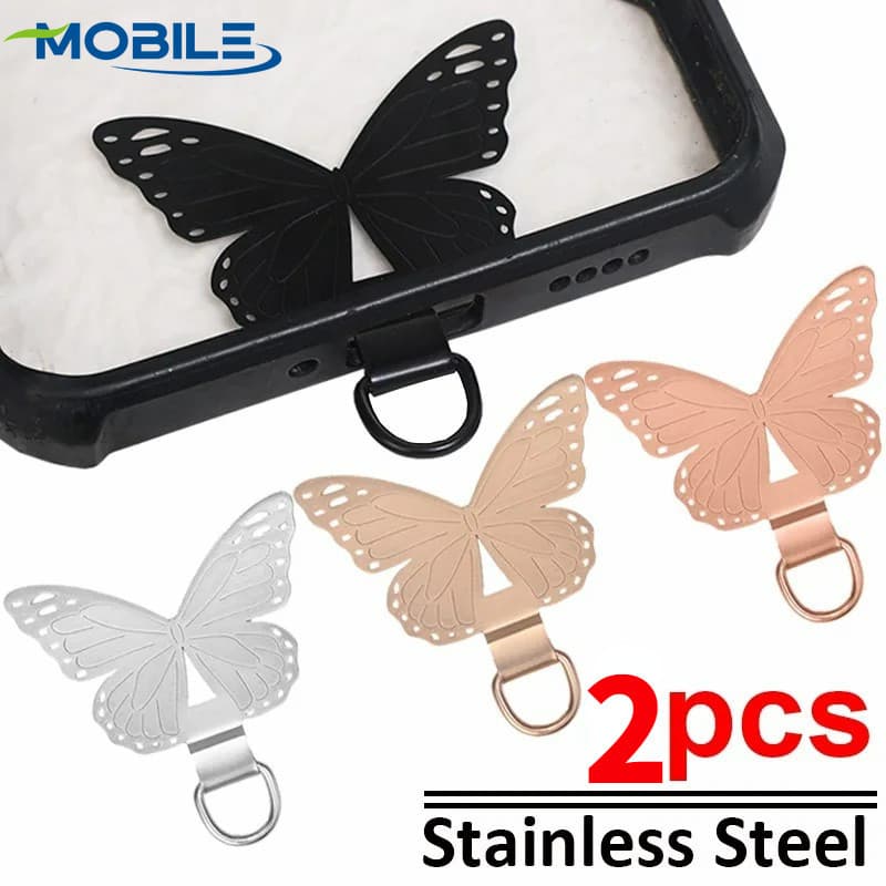 Remendo De Cordão De Telefone 2/1 Pcs-Junta De Aço Inoxidável-Cartão Em Formato De Borboleta-Peças De Alça De Celular Ul