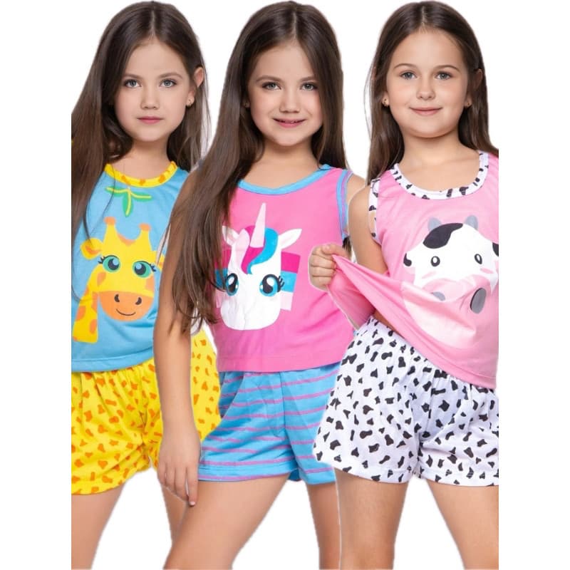 Pijama Infantil Estampado Kids Menina Menino Criança Regata Verão Manga Curta Roupa Dormir Confortável