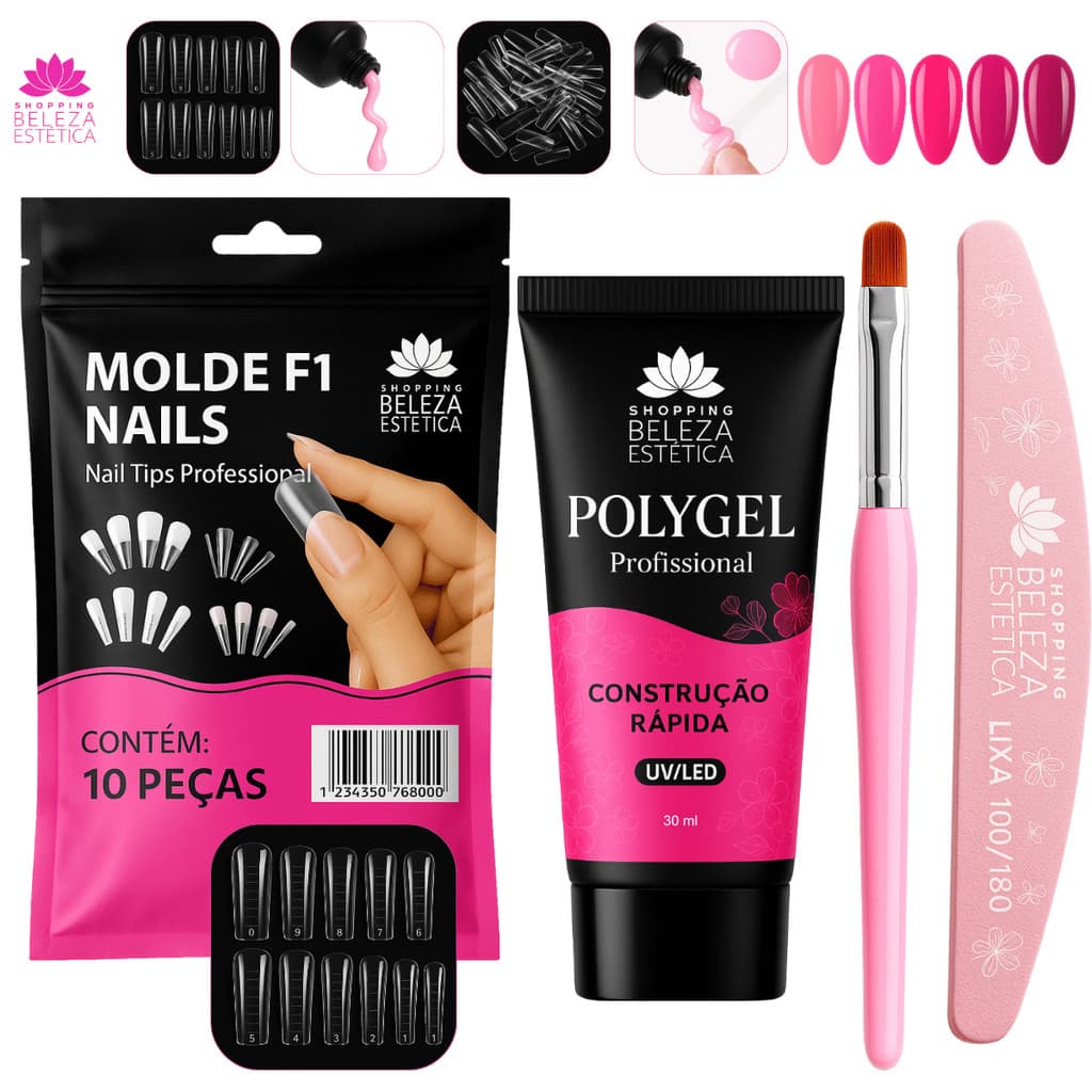 Kit Polygel Poligel Gel Construtor Molde F1 Lixa Curva Pincel Profissional Alongamento Unha Rápido e Prático