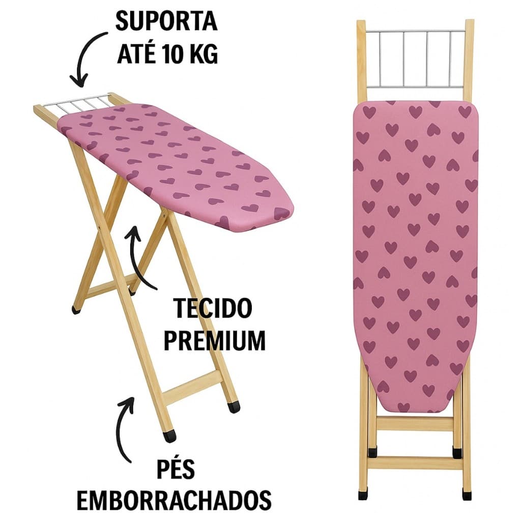 Tábua de Passar Roupas Tecido Coloridos Sortidos com 2 Regulagens de Altura Madeira Pinus 100% Reflorestada