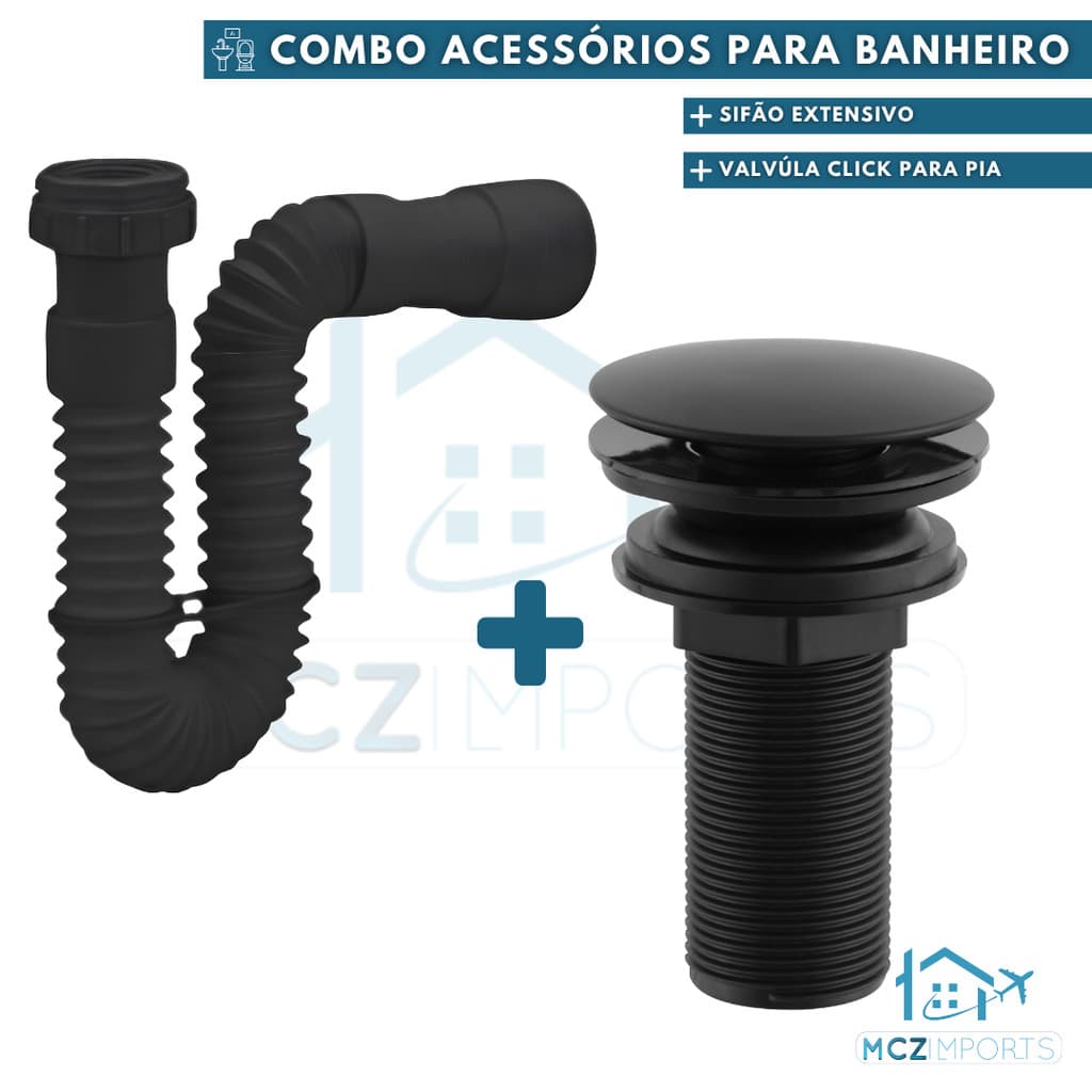 KIT Sifão + Válvula Lavatório 7/8 Preto ou Cromado ABS Banheiro
