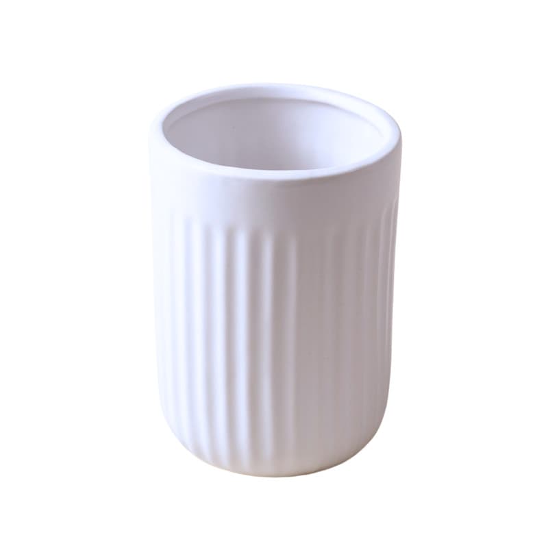 Porta Objetos e Escovas em Cerâmica Canelado com Bambu Branco - Oikos