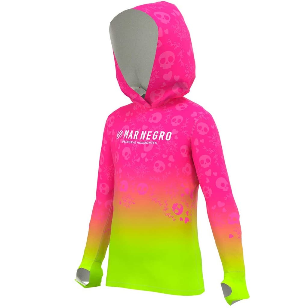 Camiseta de Pesca Infantil com Capuz UV50+ Proteção Rosa Mar Negro