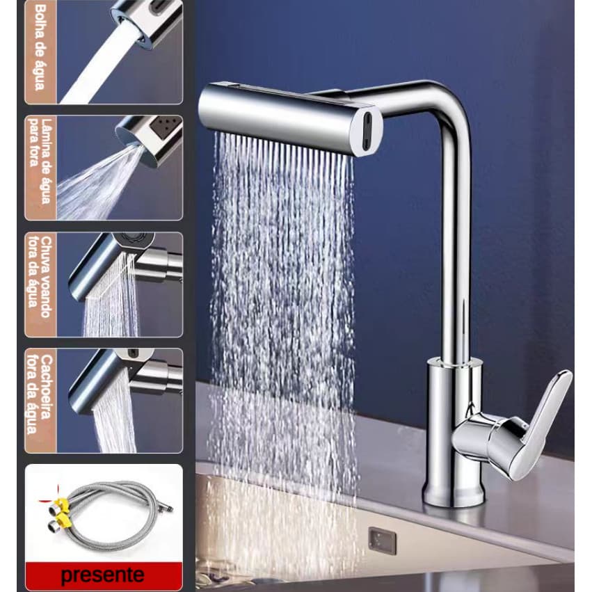 Torneira De Cozinha  Água 4 Jatos Torneira Tubo Flexível Parede Cozinha para Pia de Cozinha Gourmet Flexível Inox Metal
