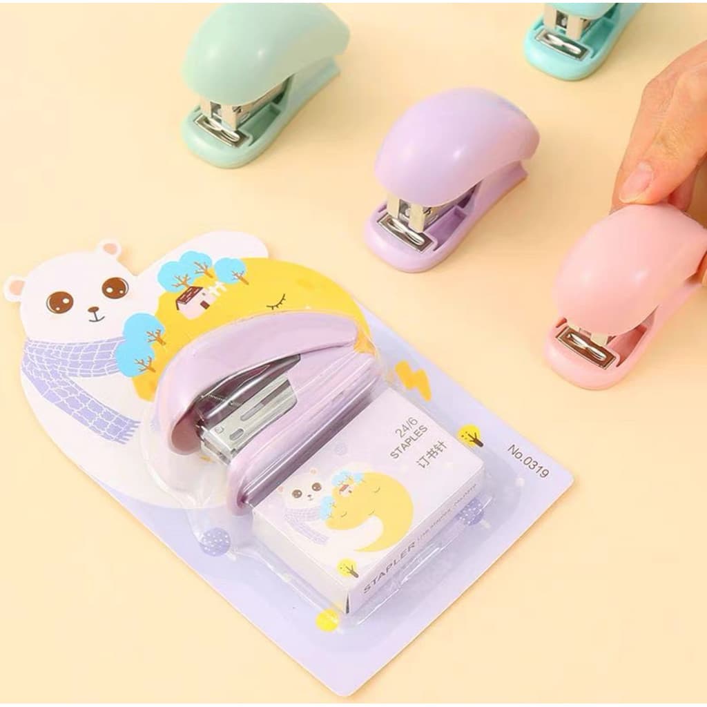 Grampeador Escolar Infantil Pequeno + Caixinha Grampo Fofo
