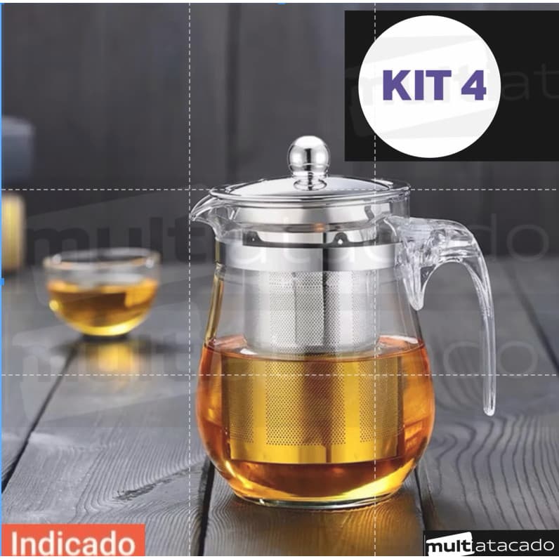 KIT até 1,2,3,4 Bule Vidro Inox Com Infusor Chá 500 ml 350ml , Chaleira de Vidro para Chá Com Infusor