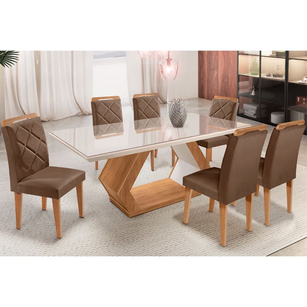 Conjunto Mesa Alvorada 180 Tampo Mdf e Vidro Canto Reto 6 Cadeiras Rufato