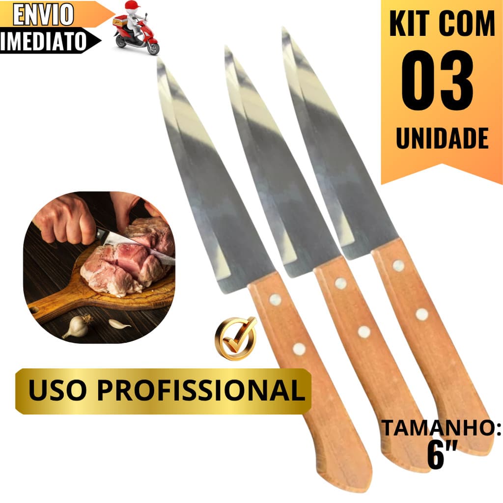 Faca de Cozinha Inox 6'' Cabo de Madeira – Ideal para Carne, Legumes, Peixe, Churrasco e Uso Doméstico
