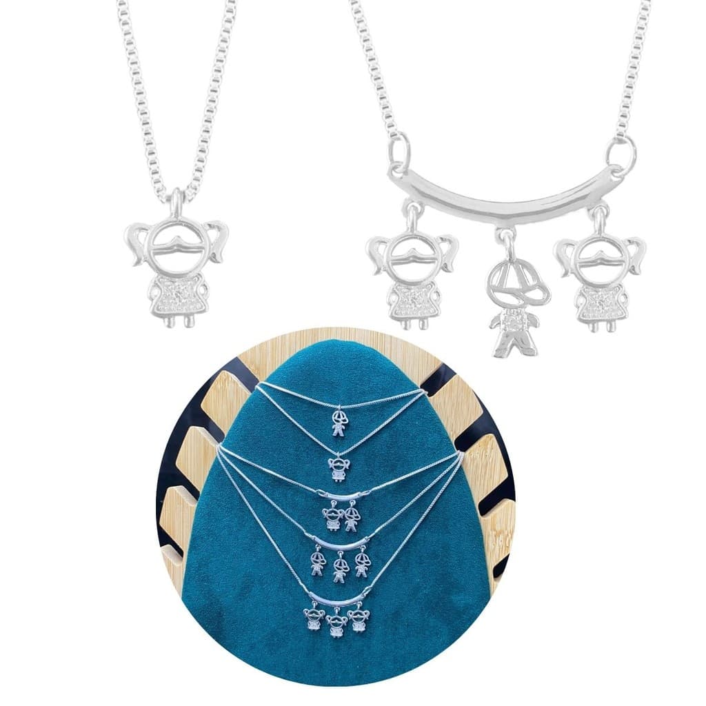 Colar Filhos Prata 925 2 meninas 1 menino banhado delicado 2 meninas 1 menino 3 filhos 2 meninos