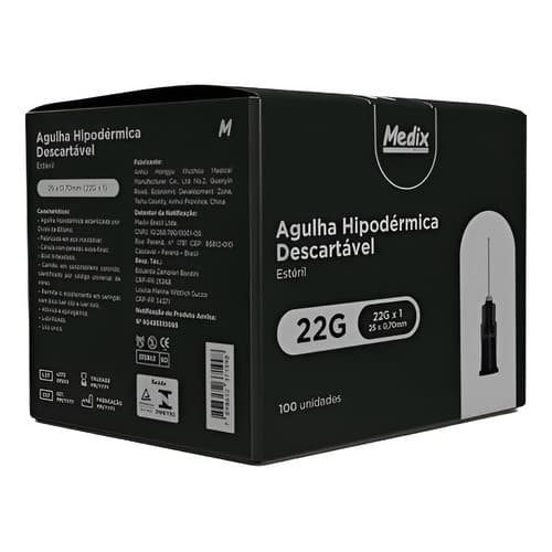 Agulha Cinza 25x7 Hipodermica 22g Descartavel Medix 100 Uni