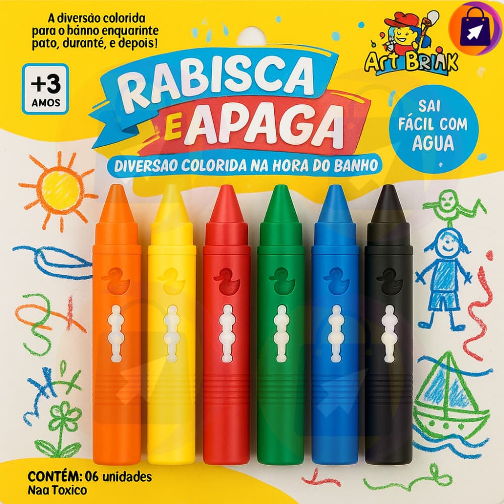 Kit 18 Giz De Cera Rabisca E Apaga Lavável Brinquedo 6 Cores Colorido Banho Caneta Rabisca Apaga