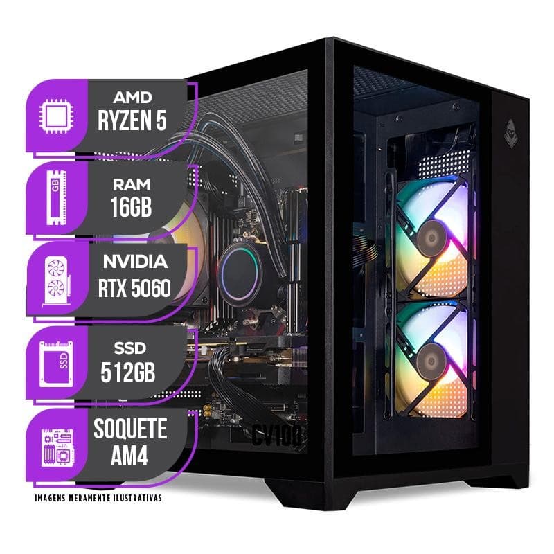 PC Gamer Mancer, AMD RYZEN 5 5500, Water Cooler, RTX 5060 8GB, 16GB DDR4, SSD M.2 512GB, Fonte 600W 80 Plus