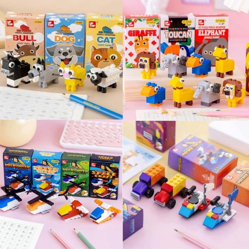 Apontador Bloco de Montar - Helicóptero, Nave Espacial, Caminhão e Animais