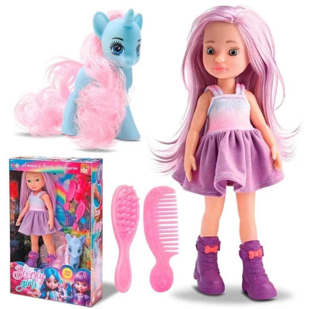 Boneca Beverly Girls Com Unicórnio E Acessórios - Bee Toys -