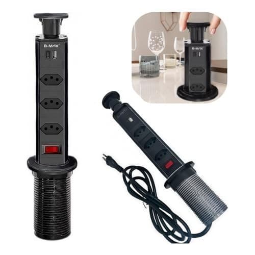 Torre de Tomadas Multiplug Preta de Embutir - 3 Tomadas AC + USB e USB-C | Mesa Bancada Escritório