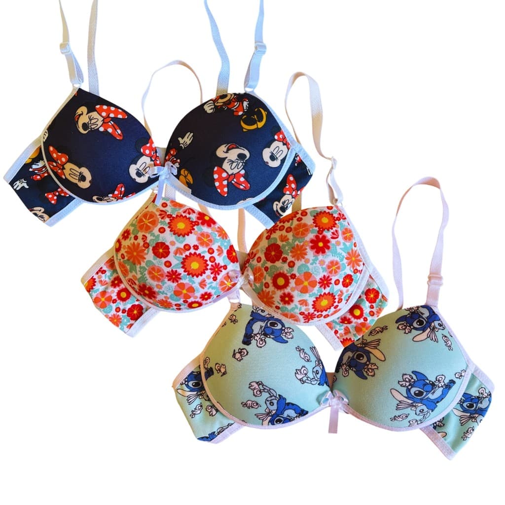 Kit 3 Sutiã 8 a 14 Anos Menina Moça com Bojo Estampado Liso Confortável Infantil Juvenil