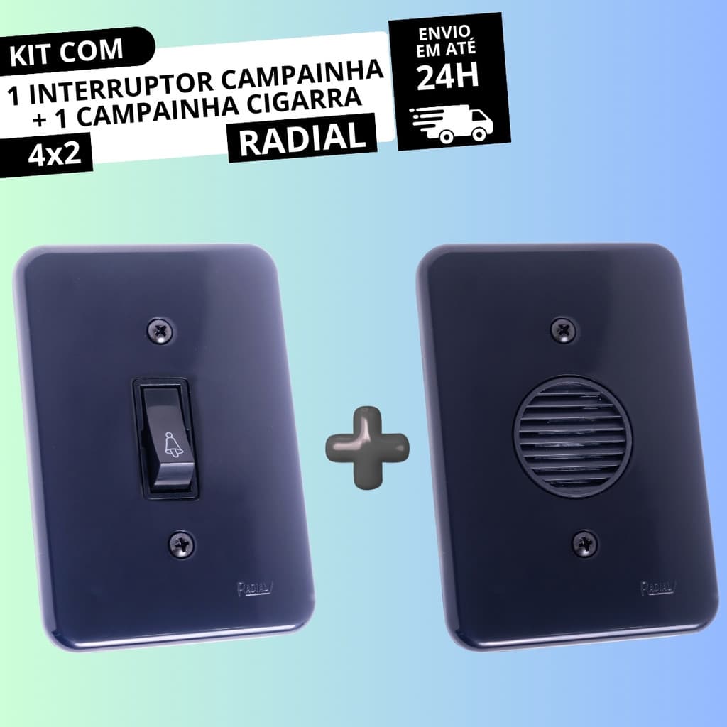 Conjunto 4x2 1 Interruptor Campainha + Campainha Cigarra Linha Pollar Black RADIAL