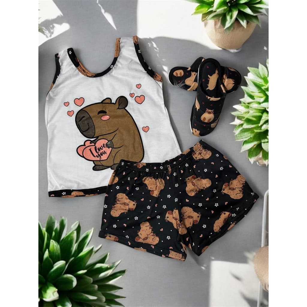 kit 1 short doll regata infantil + 1 pantufa verao personagens blogueira Capivara de dormir feminino infantil festa