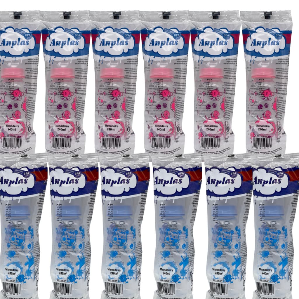 Kit 12 Mamadeiras Atacado Anplas 240ml Bico Redondo Azul e Rosa