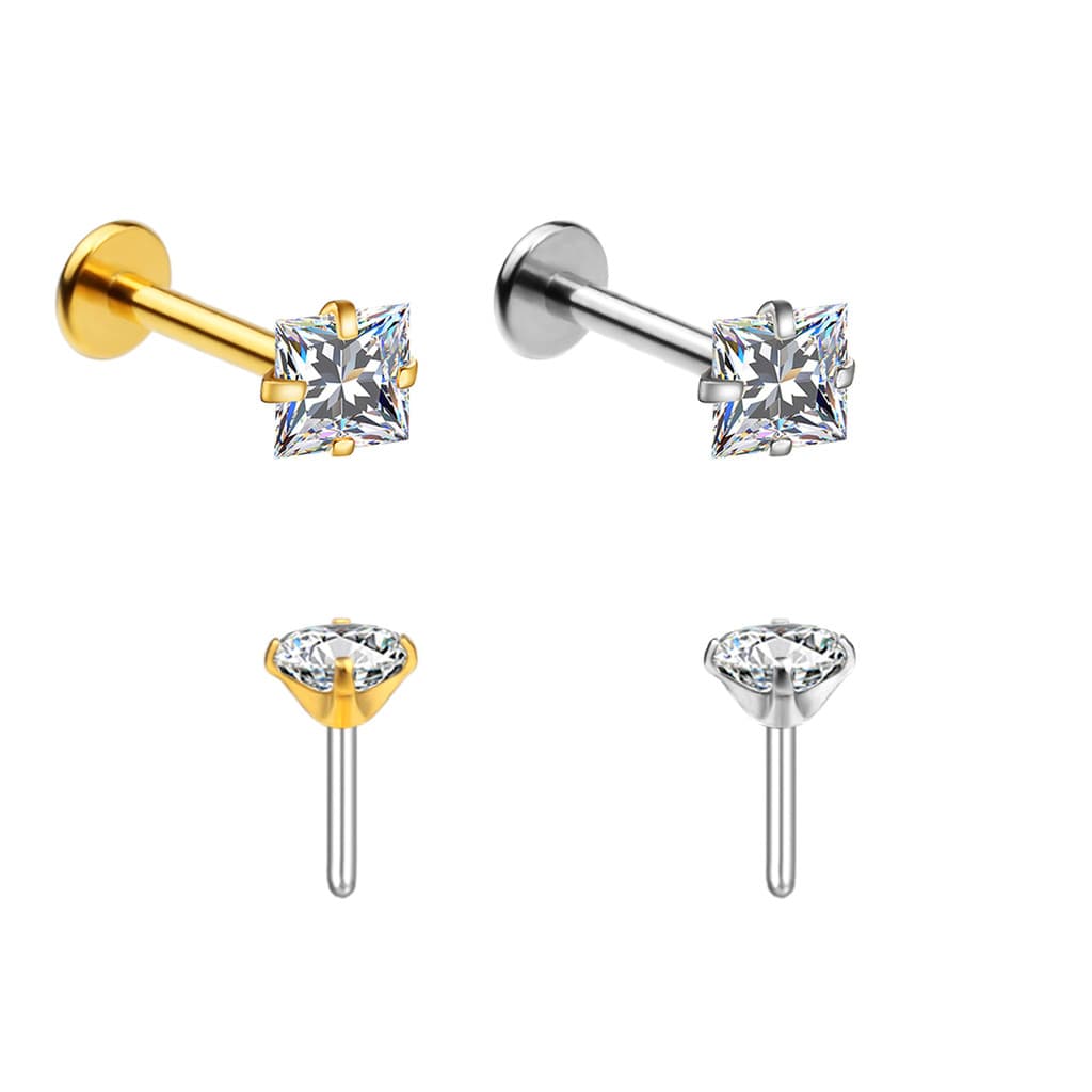 Piercing Labret Push Pin Aço Cirúrgico Zircônia Quadrada | Helix, Tragus, Conch, Nariz, Boca-Medusa, Outros.