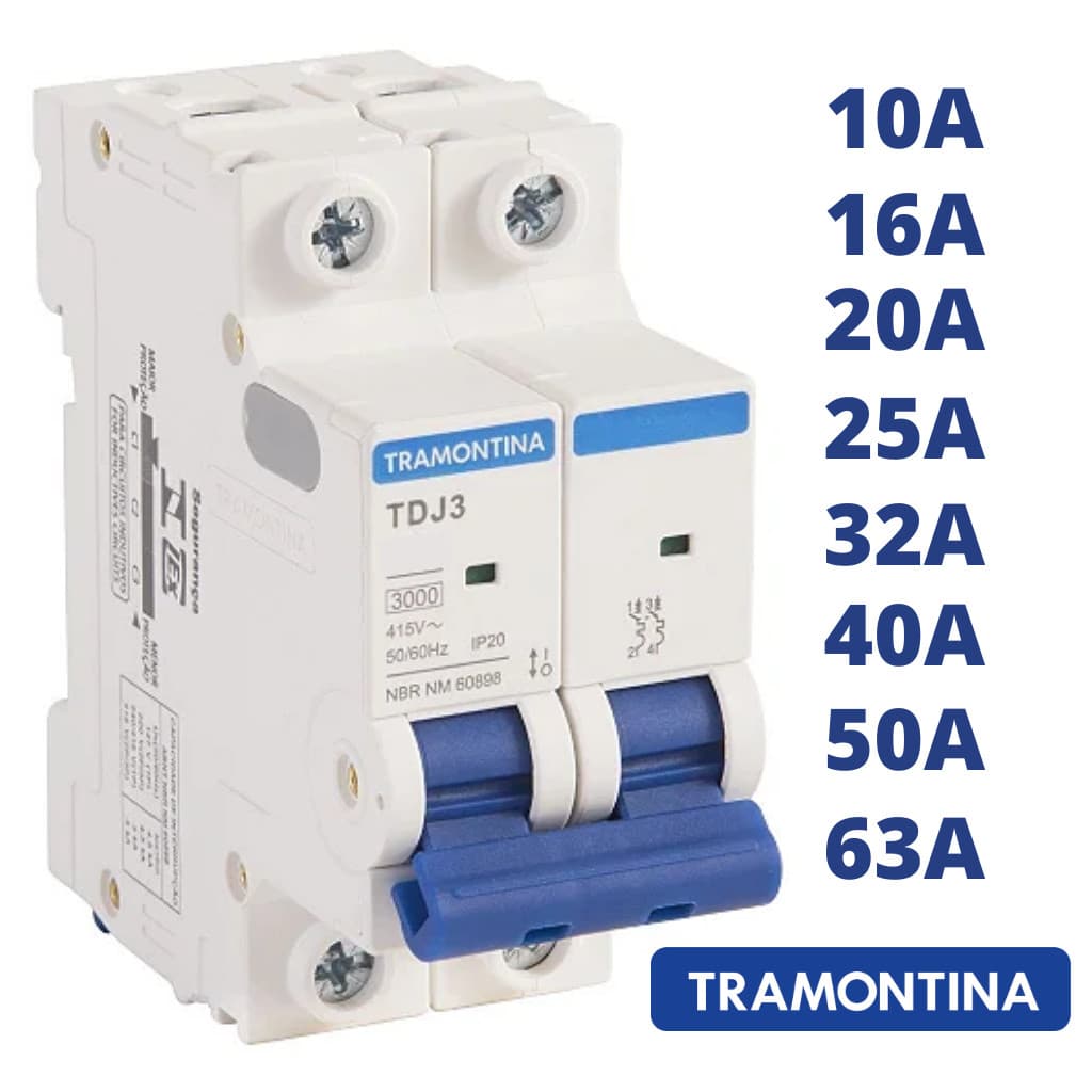 Disjuntor Bipolar Tramontina Curva C 10A 16A 20A 25A 32A 40A 50A 63A