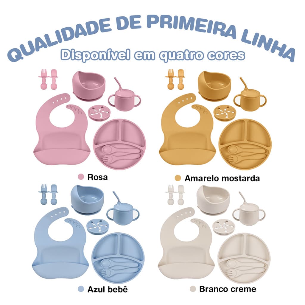 Kit de Alimentação Infantil 9 Peças em Silicone alimentício com Prato Babador Copinho e Talheres