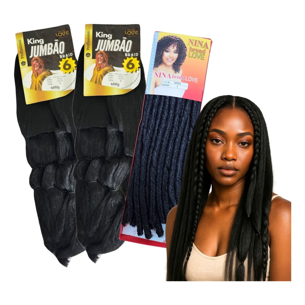 Kit com 2  King Jumbo 400g + 1 Nina Soft Dread 72g para Tranças Crochet Braids Penteados Afro