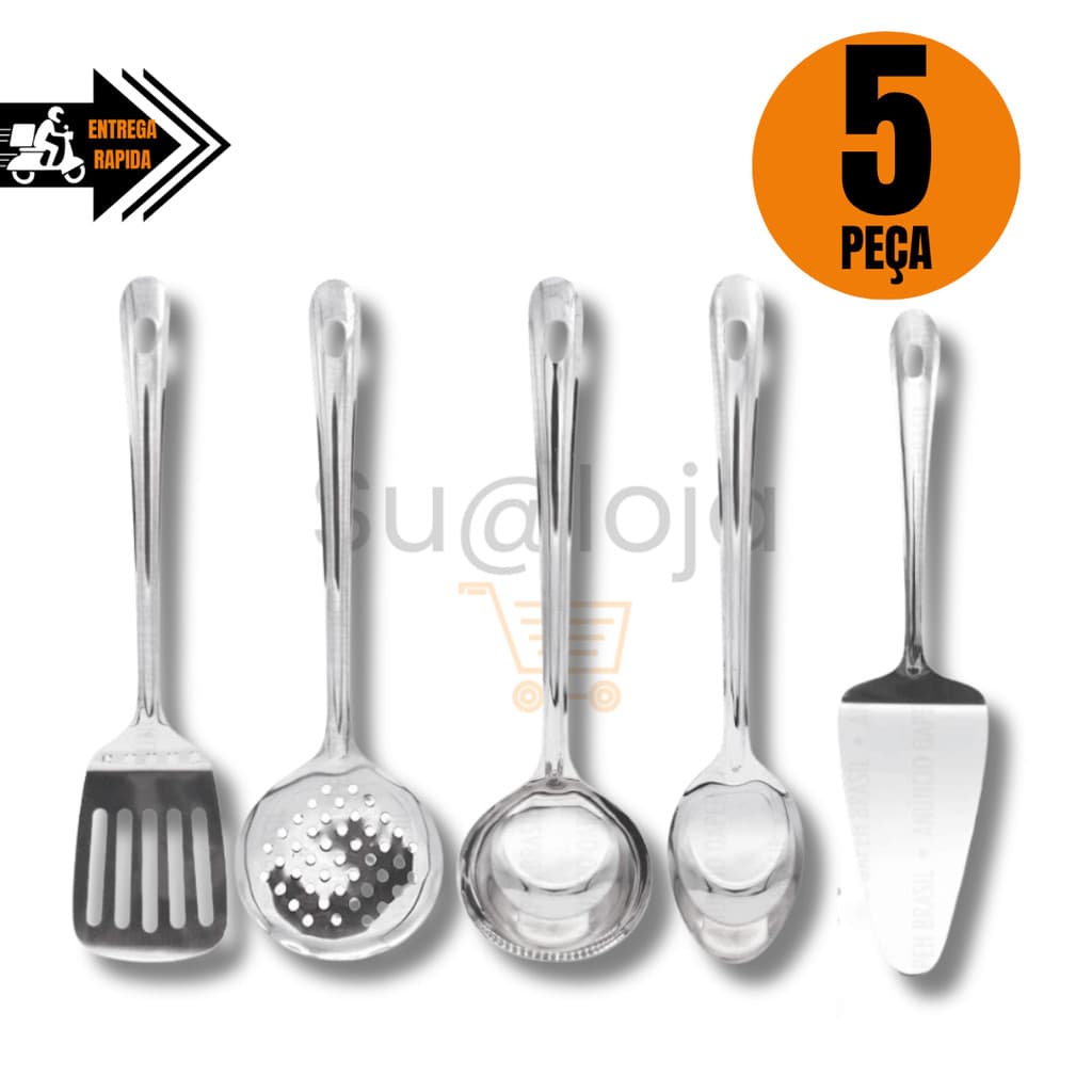 Kit 2/5/6/7 Utensilios para Cozinha INOX Espatula Escumadeira Colher de Arroz Concha Louça Comida Casa