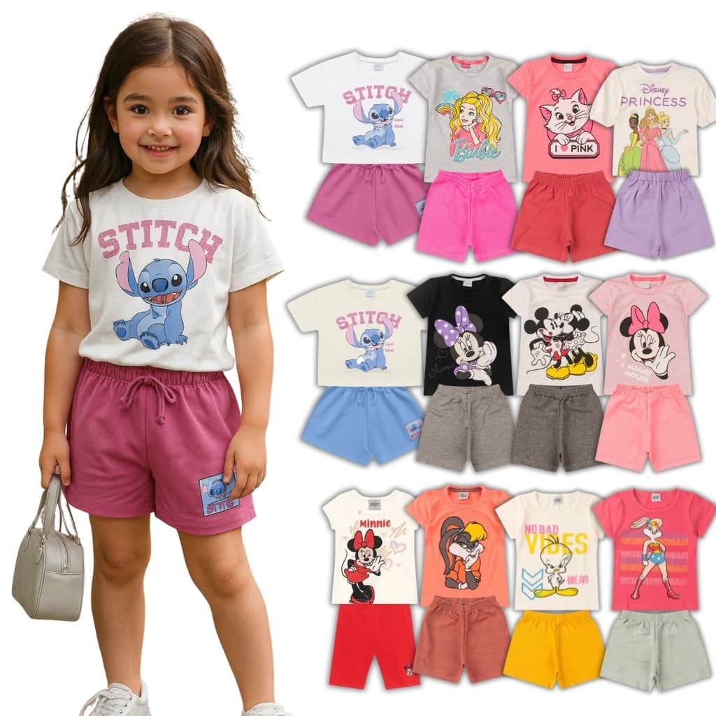 Kits de Roupa Menina Infantil Personagens Verão Conjunto Feminino Calor Barbie Minnie Stitch