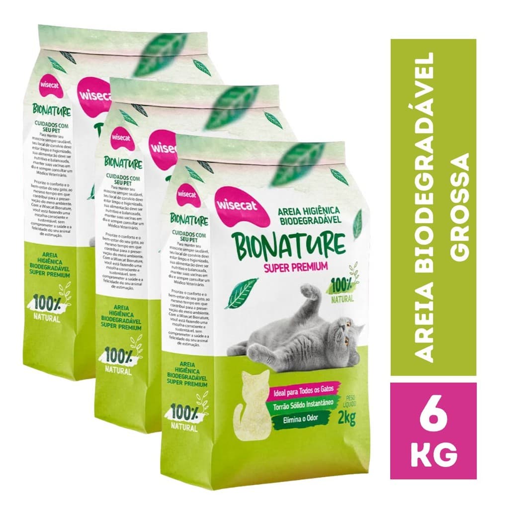 Kit 3 Areia de Mandioca Biodegradável Wisecat Bionature Verde – Granulação Grossa | 6kg