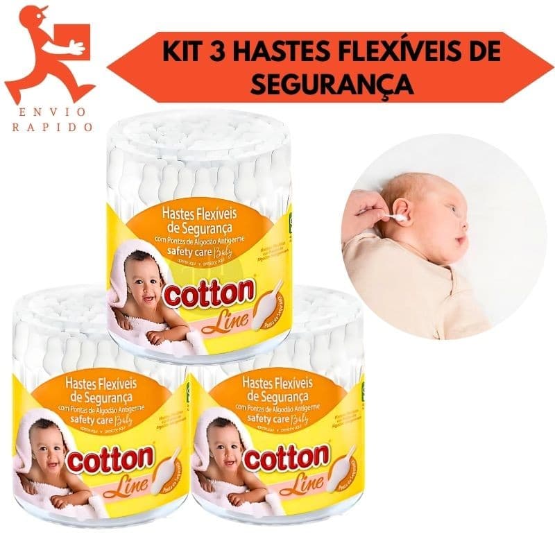 Kit 3 Hastes Flexíveis Com Pontas De Segurança Para Bebês Cotton Line 45 Un Cada