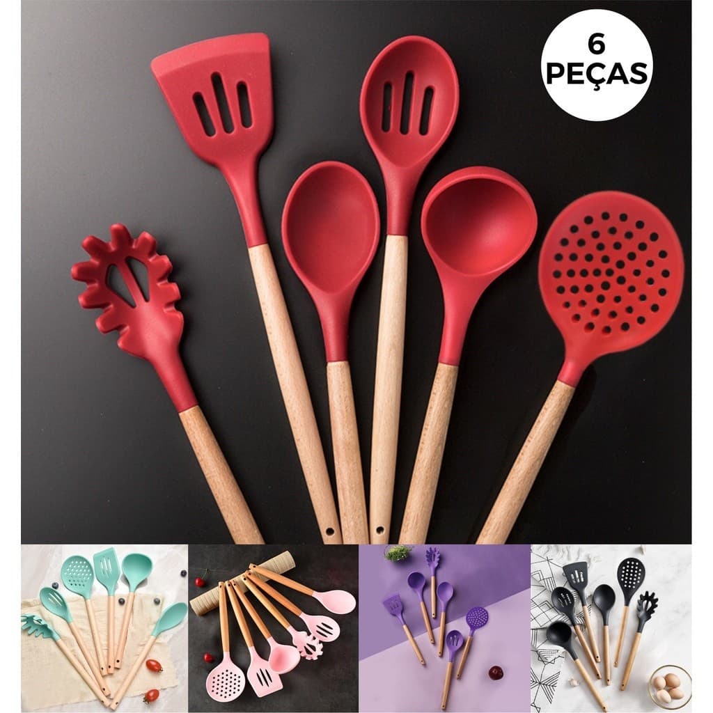 Kit Com 6 Utensílios De Silicone E Cabo De Madeira Bambu Jogo Concha Colher Cozinha