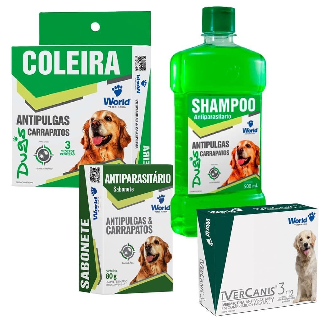 Kit Antiparasitários World - Coleira Antipulgas Carrapatos, Ivercanis, Shampoo Antipulgas Sabonete