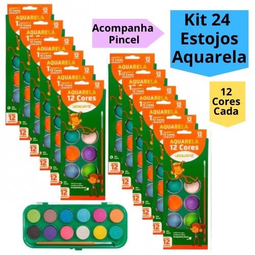 Kit 24 Estojo Aquarela Para Personalizar 12 Cores Tinta e Pincel Para Lembrancinha Festa Infantil Escolar Leo&Leo