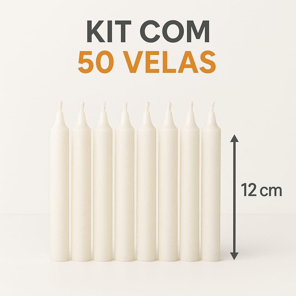 Kit 50 Velas Palito Branca Parafina Pura Queima Prolongada
