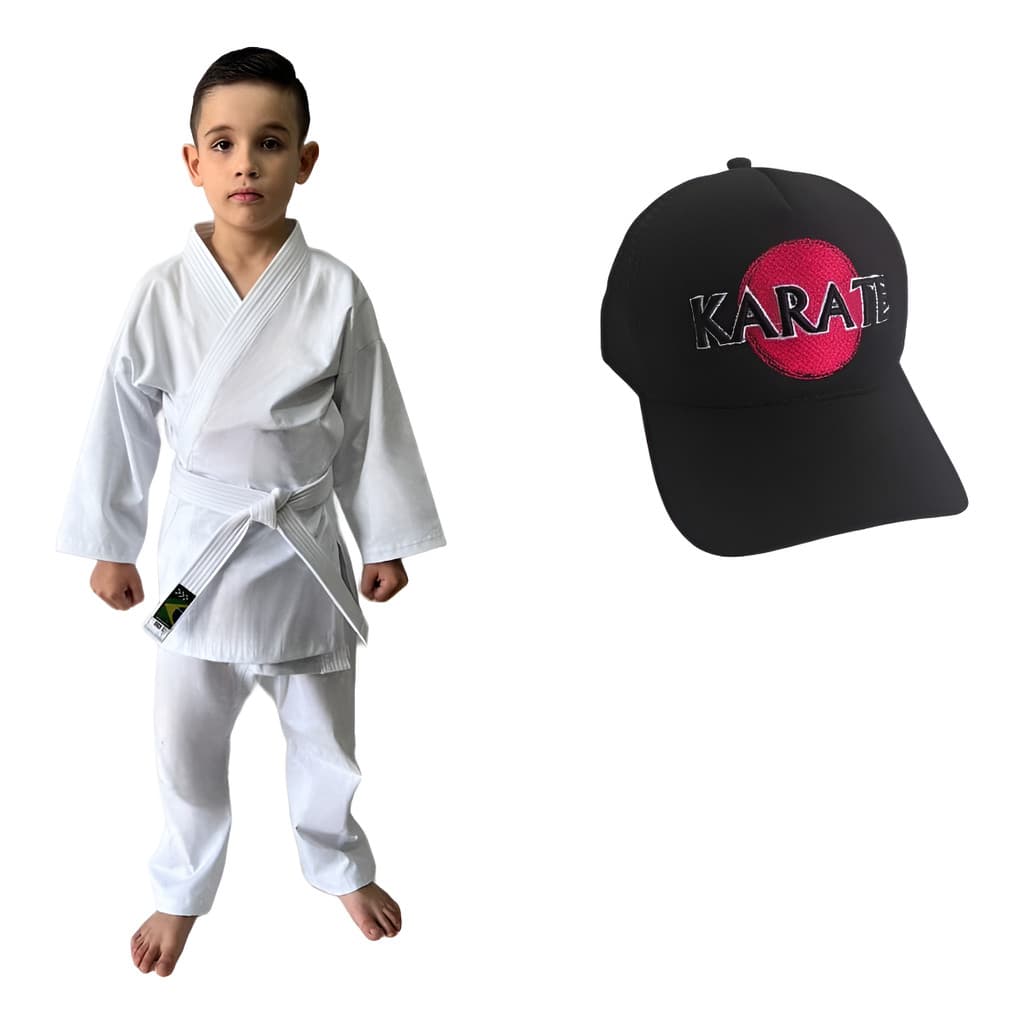 Kimono Karatê Infantil + Faixa Branca + Boné Bordado Grátis | Reforçado 100% Algodão M00 ao A6