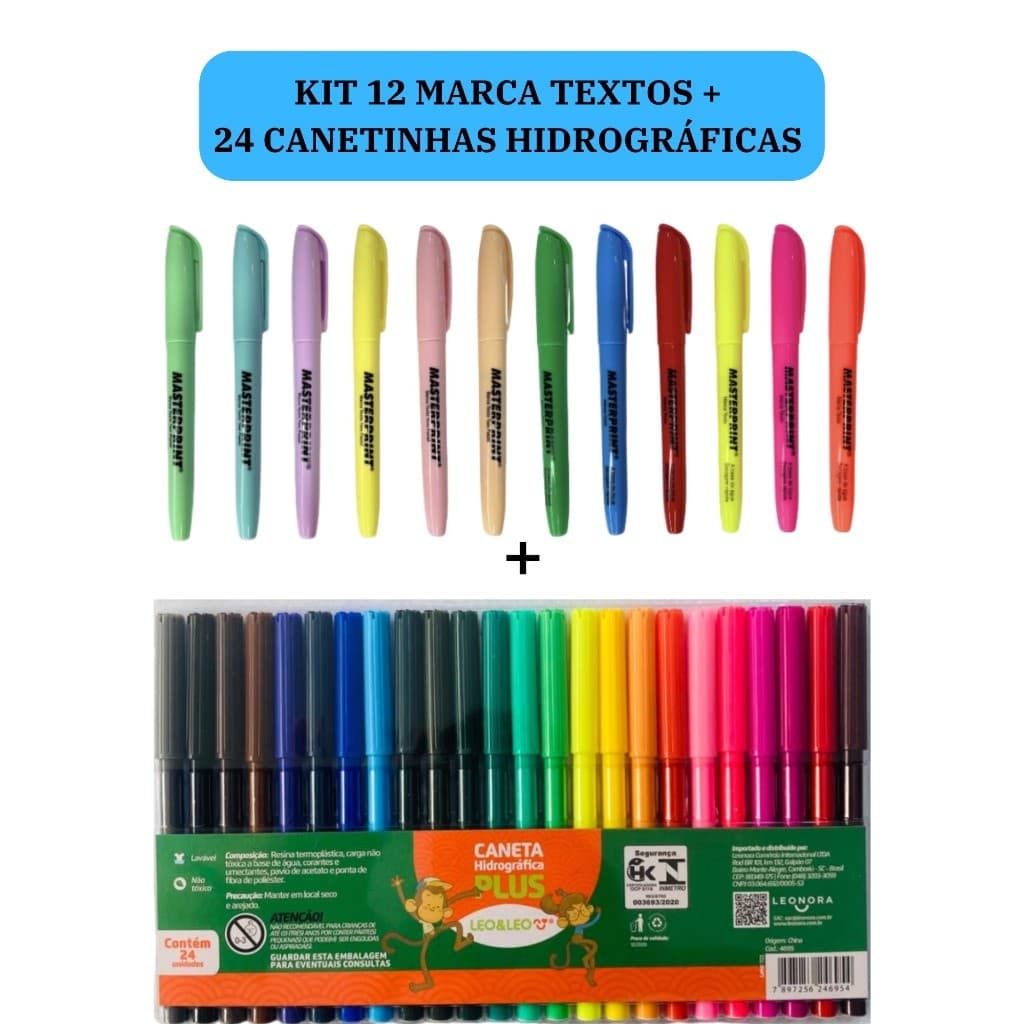 Kit 12 Marca Texto (6 Neon + 6 pastel) Masterprint  +  Caneta Hidrográfica 24 Cores Canetinha  Leo e Leo