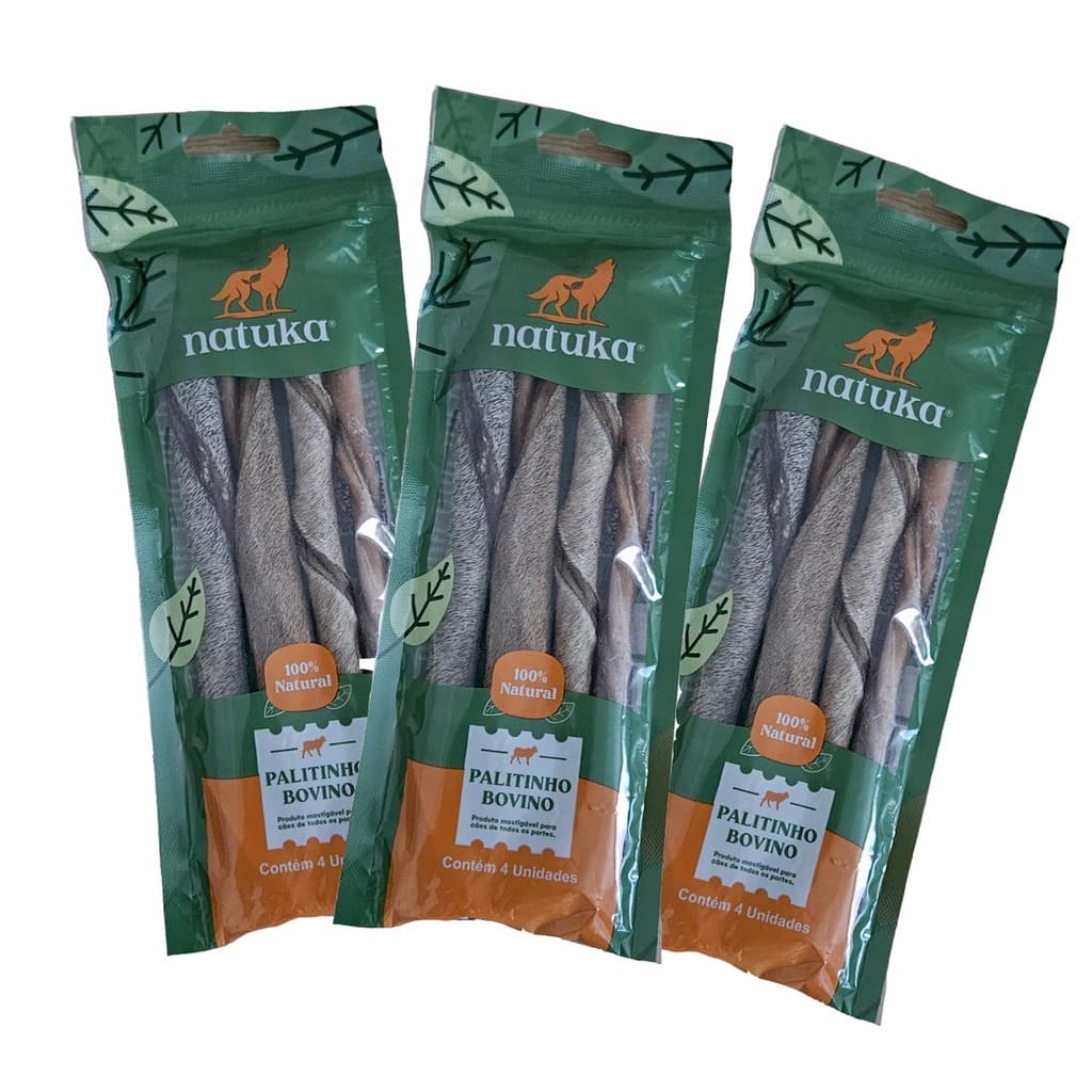 Kit c/3 Mordedor Natural Palitinho Bovino 4un P/cachorros Natuka