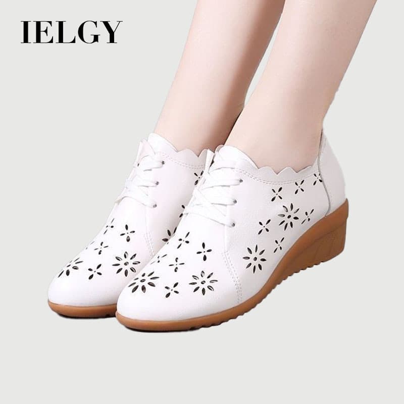 IELGY Novos Sapatos Femininos De Couro Com Recorte Branco E Cadarço Sola Macia Mães Respiráveis