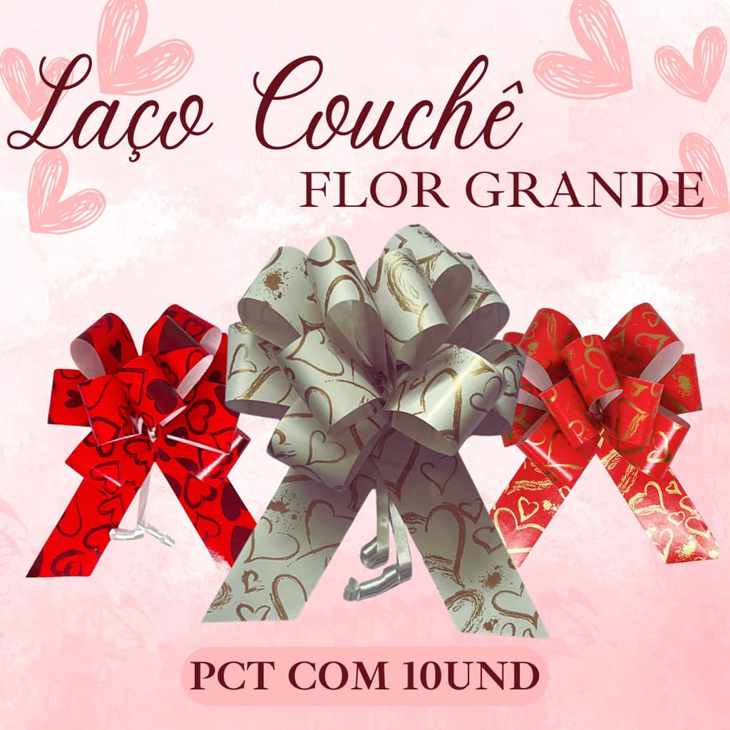 Laços Para Presentes - Couche Corações - Flor Grande - PCT com 10