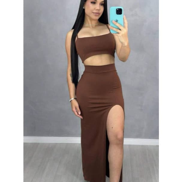 Conjunto Longo Top Alcinha Fina Saia Longa Com Fenda Lateral Elegante Casual Festa Moda Gringa