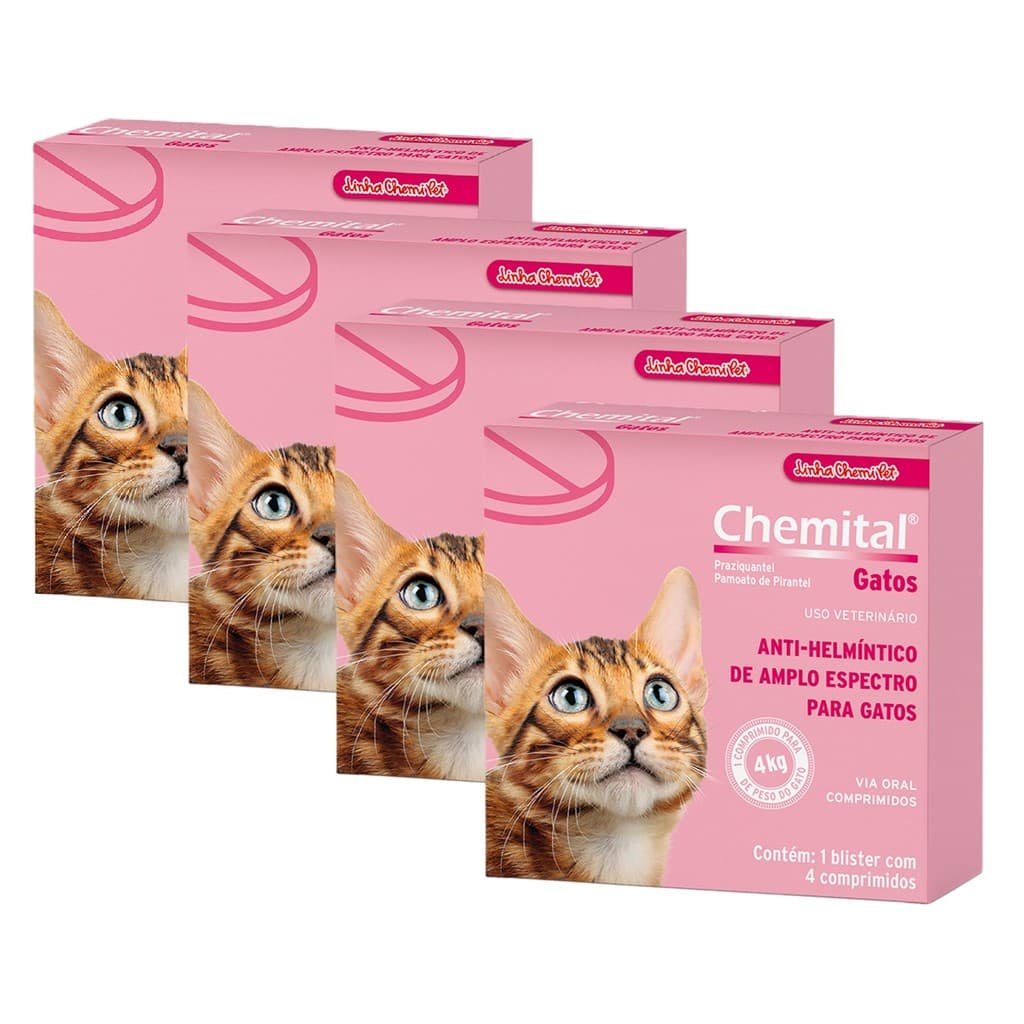 Kit 4 Vermífugo Chemitec Chemital para Gatos - 4 Comprimidos