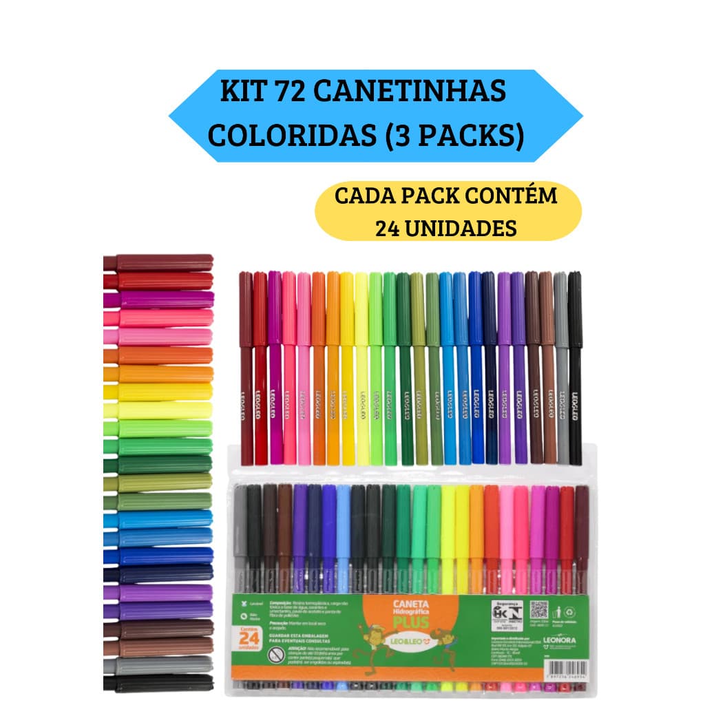 Kit 3 Packs (72 Unidades) de Caneta Canetinha Hidrográfica Hidrocor Com 24 Cores Leo&Leo
