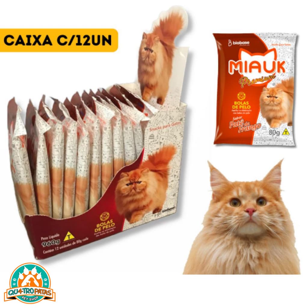 Snack Miauk Caixa C/ 12 - Petisco Premium para Gatos Ajuda na Eliminação das Bolas de Pelo
